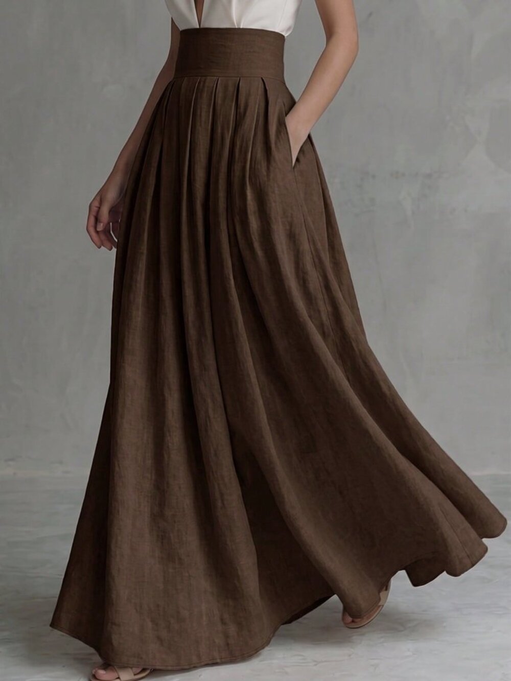 Brown Casual Women's Elegant Slimming Drape Pleated Long Skirt - Picture 4 of 6